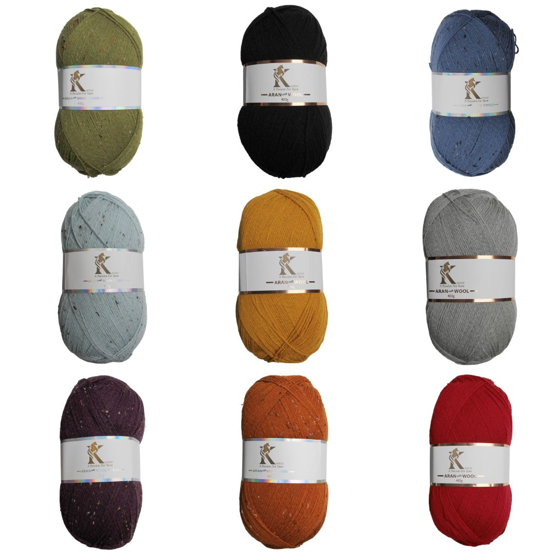 Knitco Aran - 400g - Plain 80% acrylic 20% wool - Tweed 80% acrylic 15% wool 5% viscose