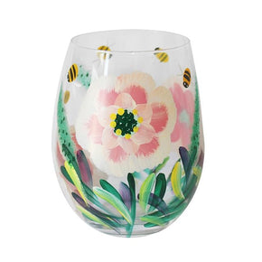 Peonies and Bees Stemless Glass