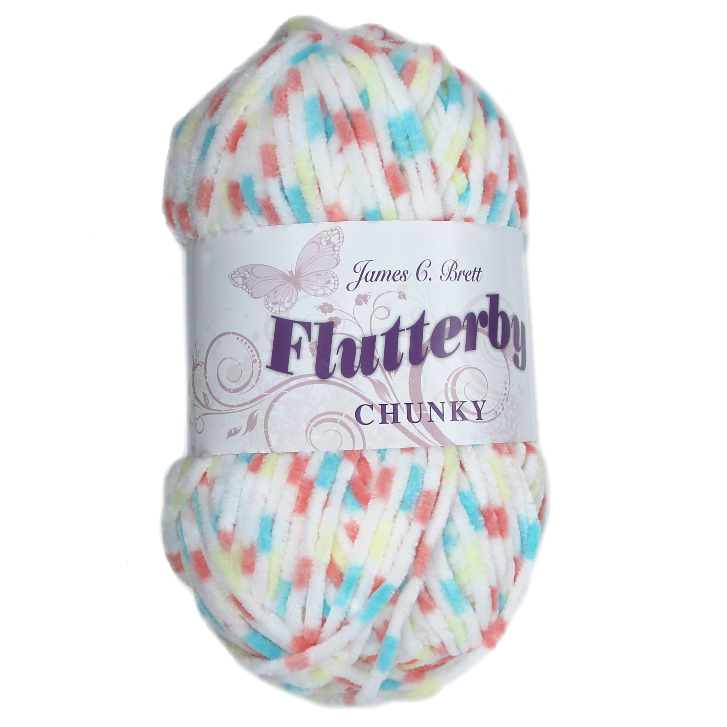 James C. Brett Flutterby Pattern Chenille Chunky - B54 Yellow / Orange / Blue Spot