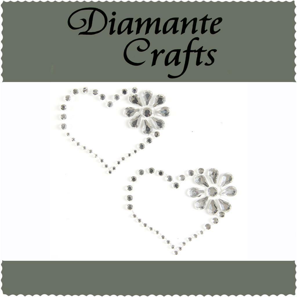 2 x 40mm Clear Diamante Heart & Flower Self Adhesive