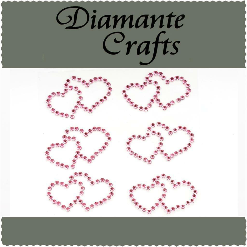6 Light Pink Double Hearts Self Adhesive Diamante