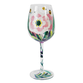 Peonies and Bees Hand Painted Wine Glass