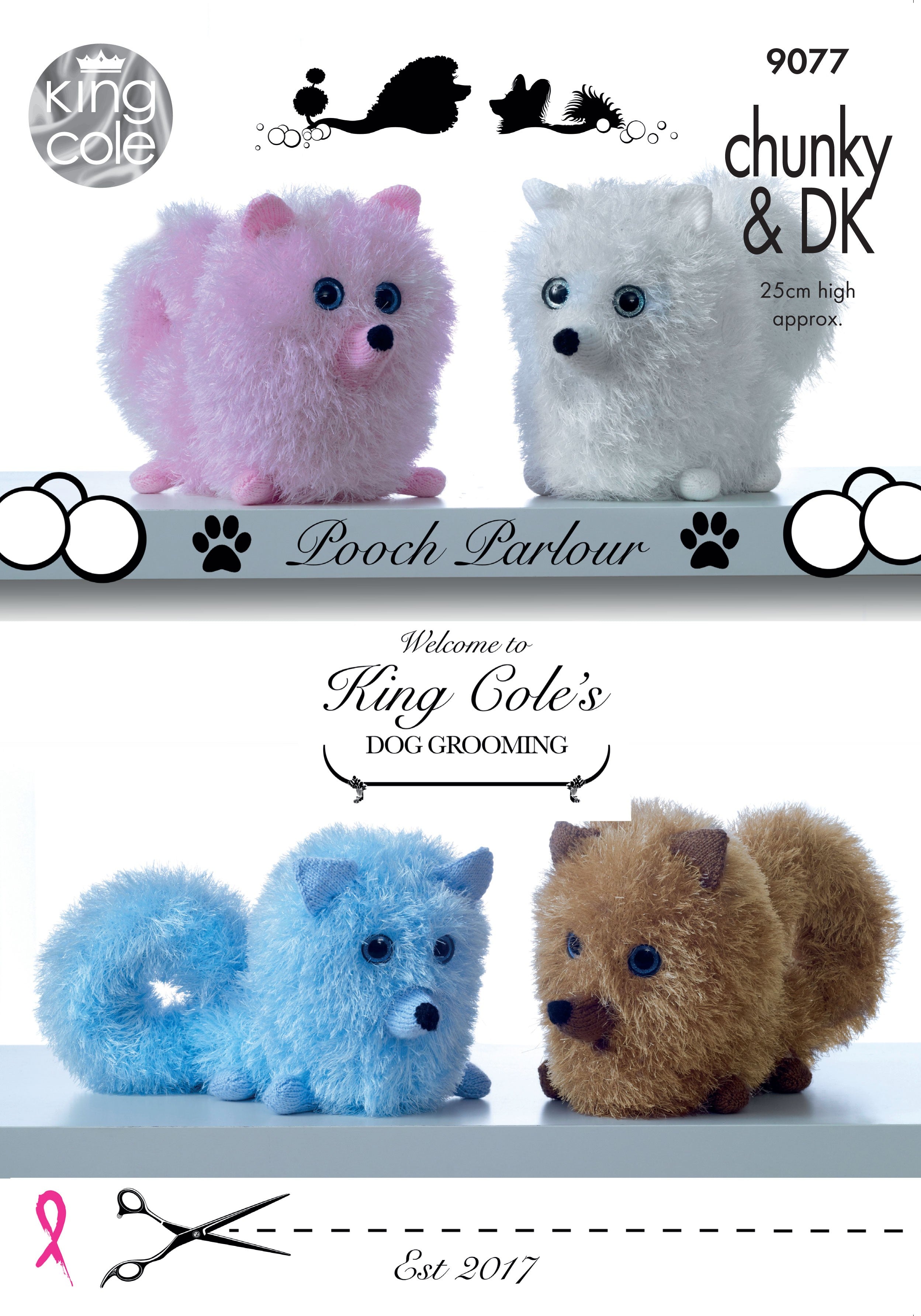 King Cole / TINSEL CHUNKY KNITTING PATTERN - 9077 Pomeranian Dogs