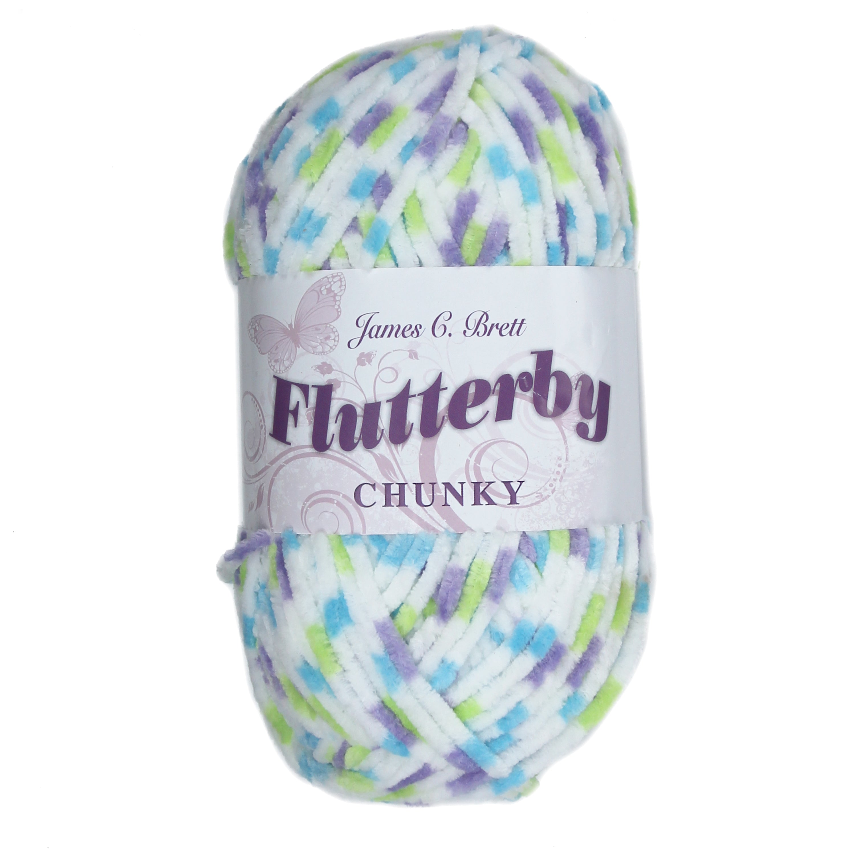 James C. Brett Flutterby Pattern Chenille Chunky - B55 Blue / Green / Purple Spot
