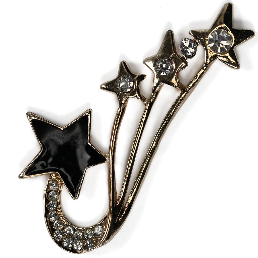 Shooting star gold alloy encrusted with clear diamantes and black enamel