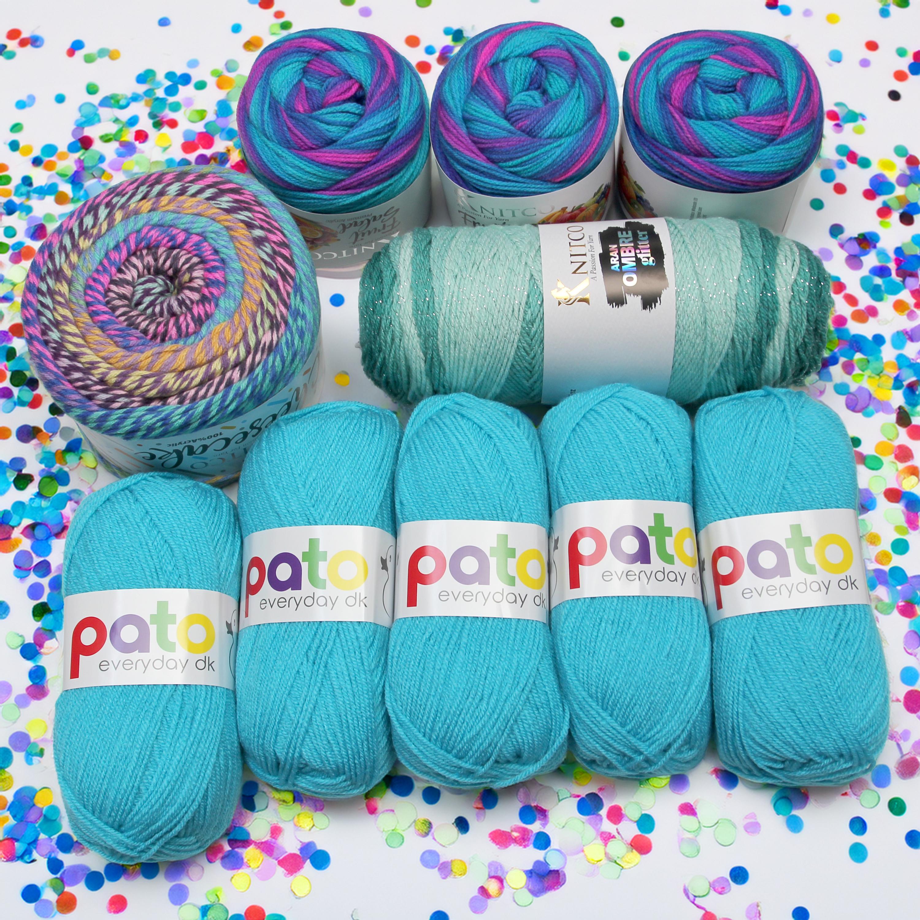Diamante Crafts Bargain Box 1: You will receive 5 x pato dk, 1 x 200g aran glitter ombre, 1 x 250g cheesecake, 3 x fruit salad cakes