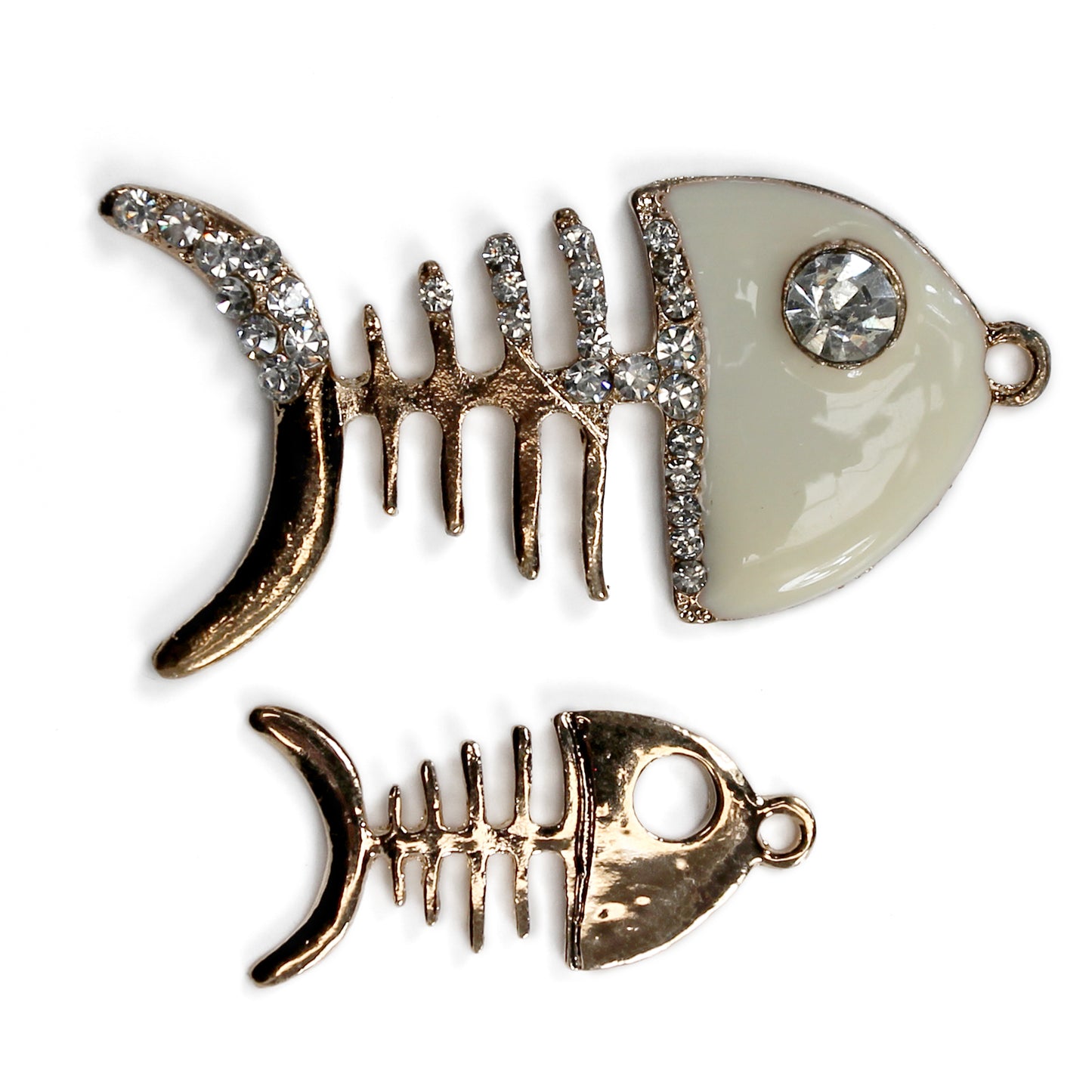 Fish 2 pieces gold alloy encrusted clear diamantes white enamel