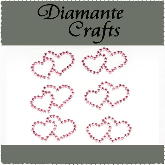 6 Light Pink Double Hearts Self Adhesive Diamante