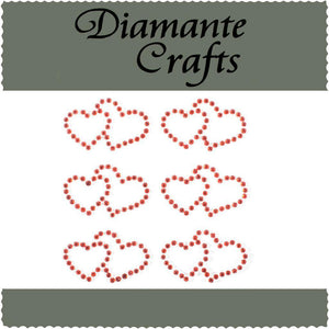 6 Red Double Hearts Self Adhesive Diamante