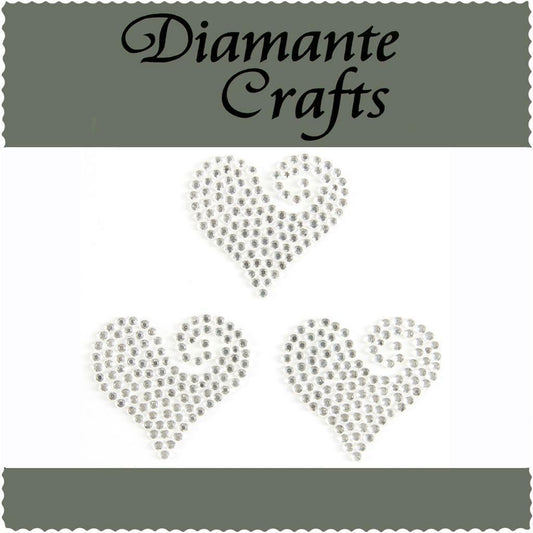 3 x 30mm Clear Heart Swirls Self Adhesive Diamante